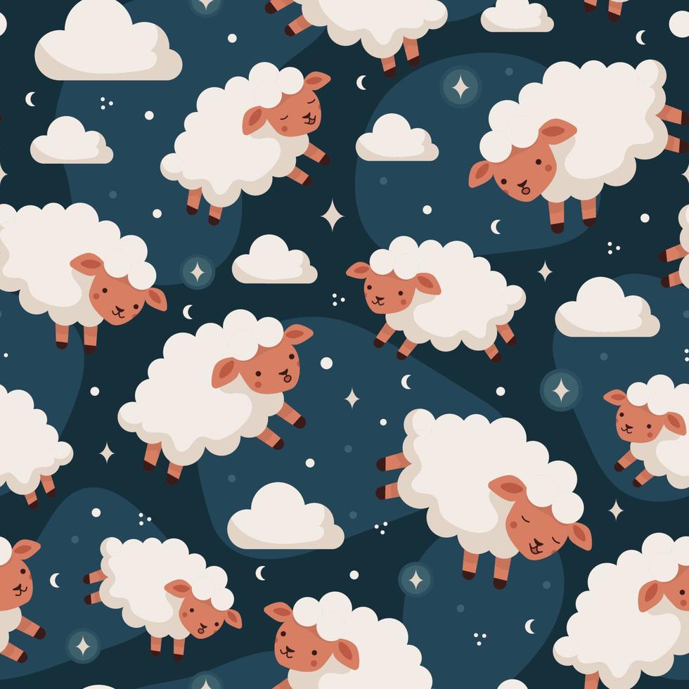 Sheep and clouds flying in the sky vector seamless pattern with cute lambs and stars, sweet dreams. Illustration for children in a flat cartoon style