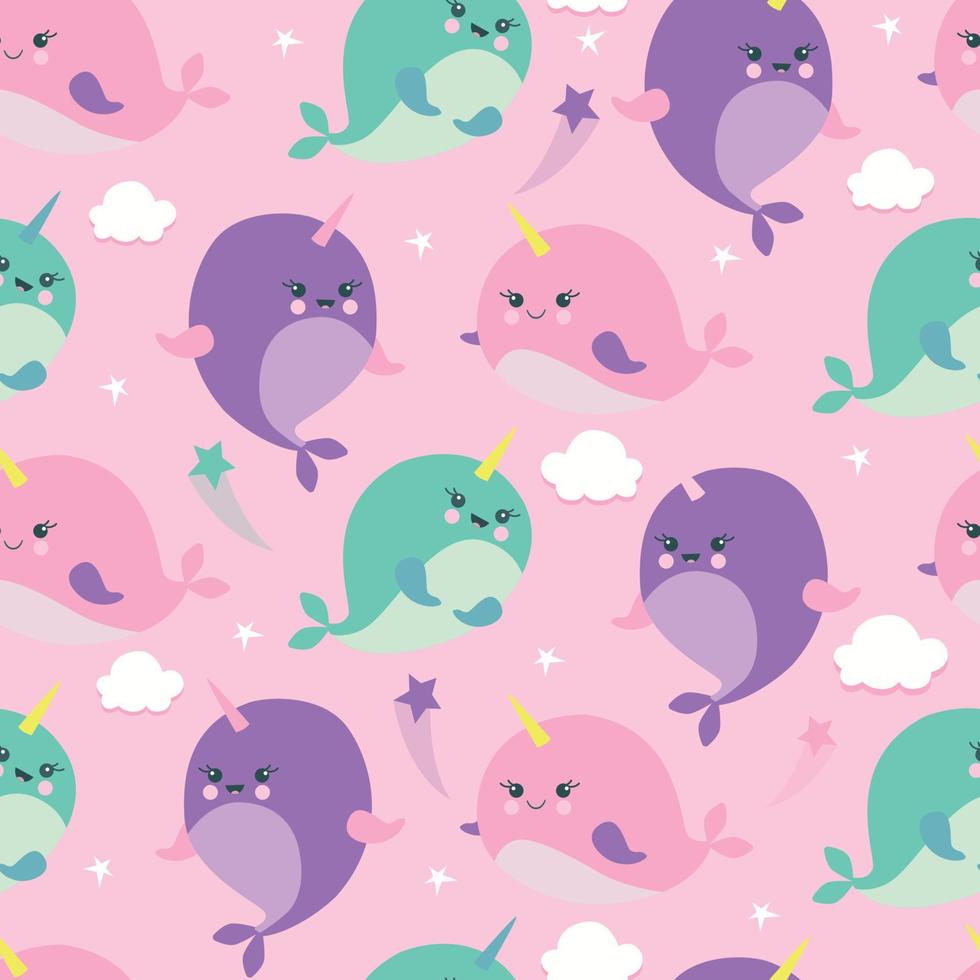 Seamless pattern of whale unicorns stars and clouds vector