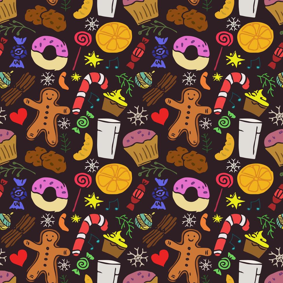 Seamless colored pattern with christmas sweets. Doodle christmas seamless food pattern on grey background vector