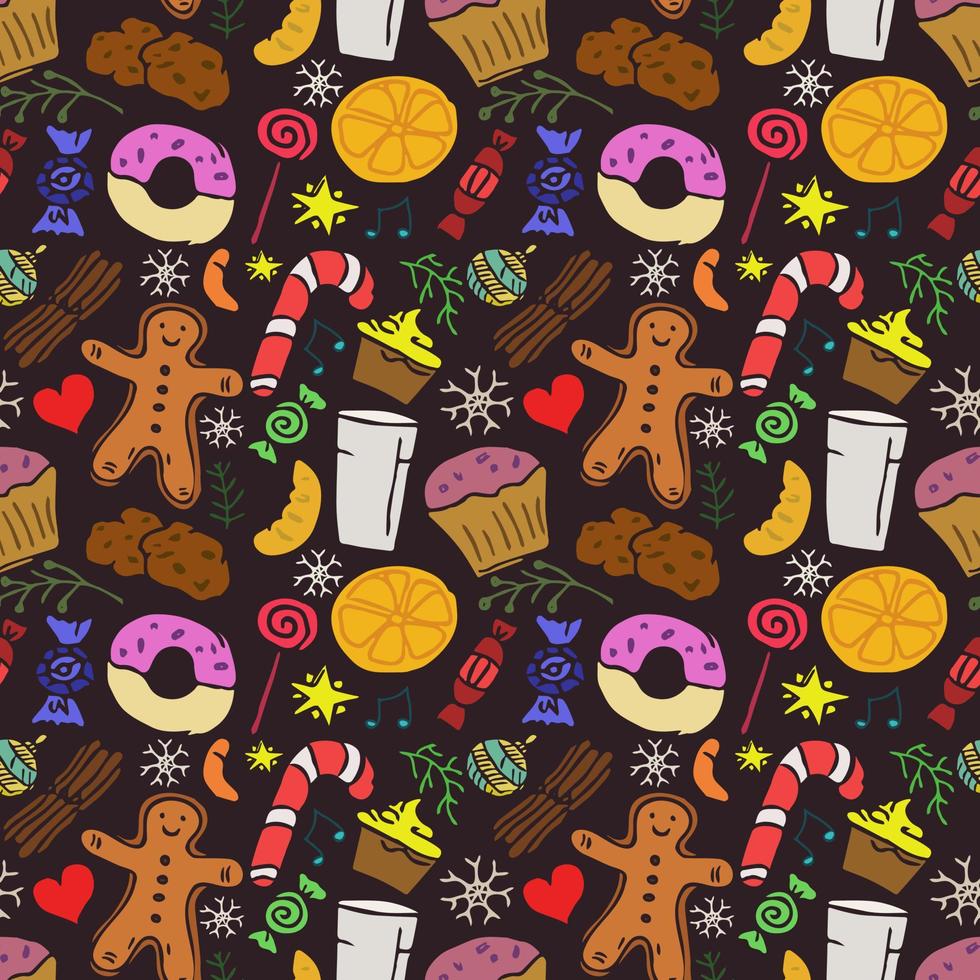 patrón de colores sin fisuras con dulces navideños. Doodle patrón de comida perfecta de Navidad sobre fondo gris vector