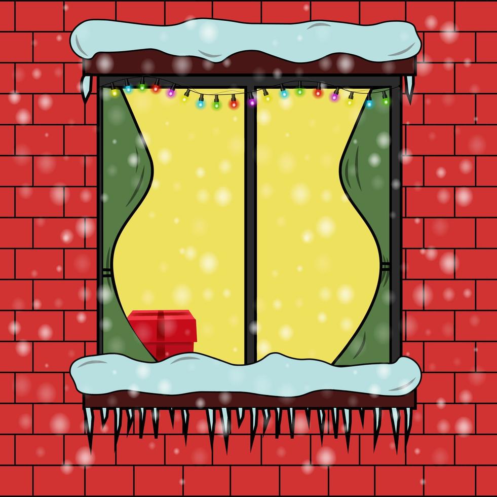 Christmas background. The window is decorated with garlands. Gifts outside the window. Snowy weather vector