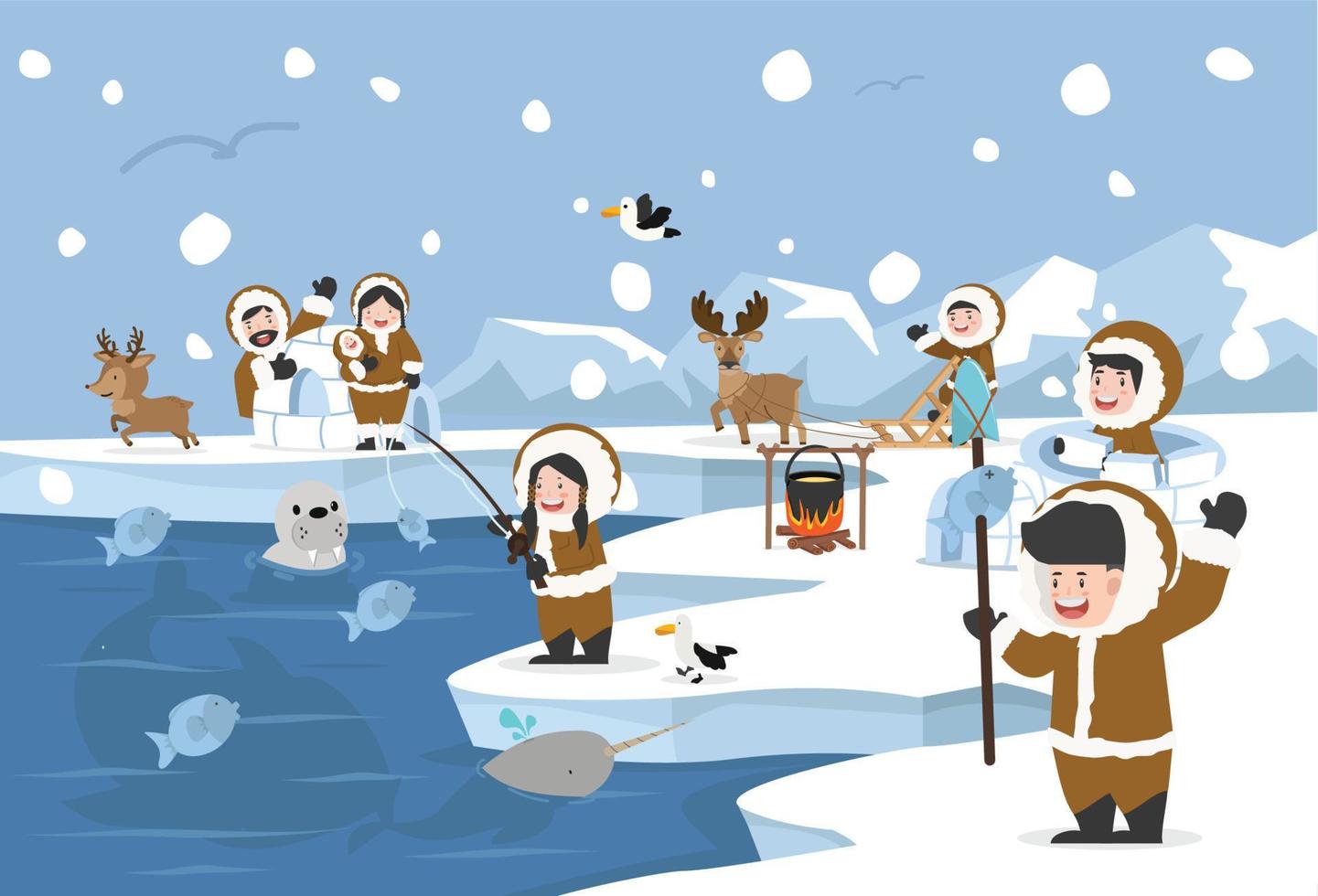 North pole Arctic landscape with eskimo people vector