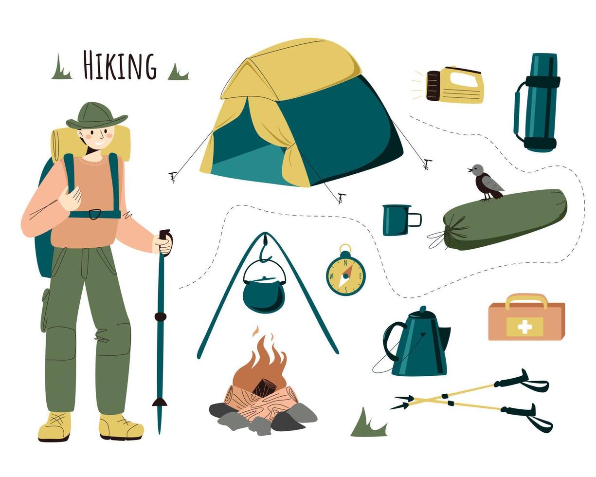 A person and a set of items for a hike vector