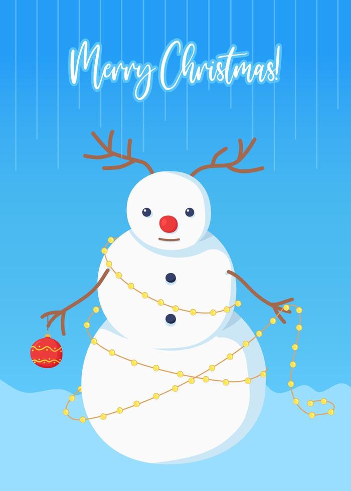 Snowman with garlands. Greeting card on blue background. Illustration in flat cartoon style vector