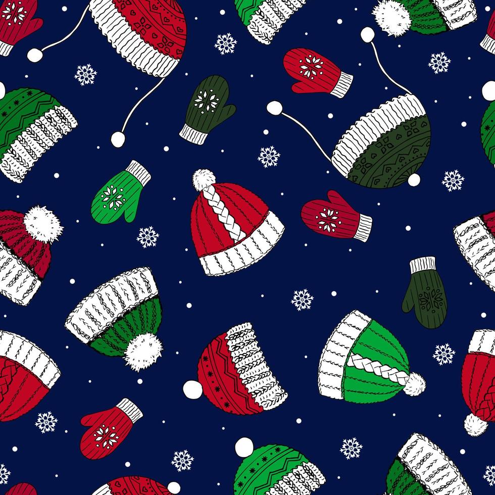 Cute winter vector seamless pattern with hats, mittens, snowflakes and congratulations.