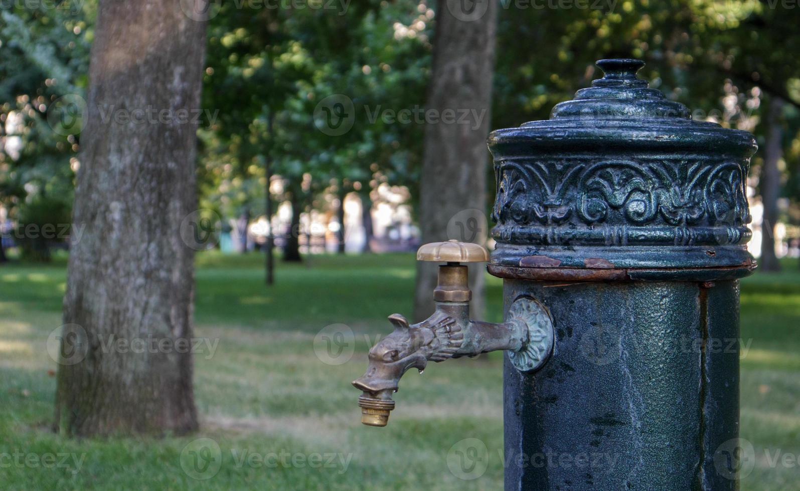Water well in the park in summer, pumping system, close-up and side view of a beautiful metal bronze faucet. Part of an old iron outdoor tap. Click on the mineral water pump room. photo