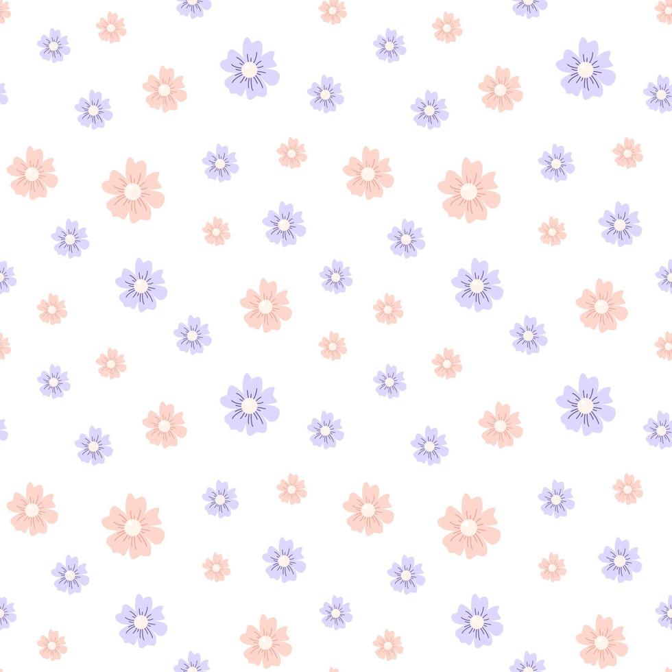Seamless pattern of cute flowers. Endless texture of pink and purple flowers on white background. Flat vector illustration.