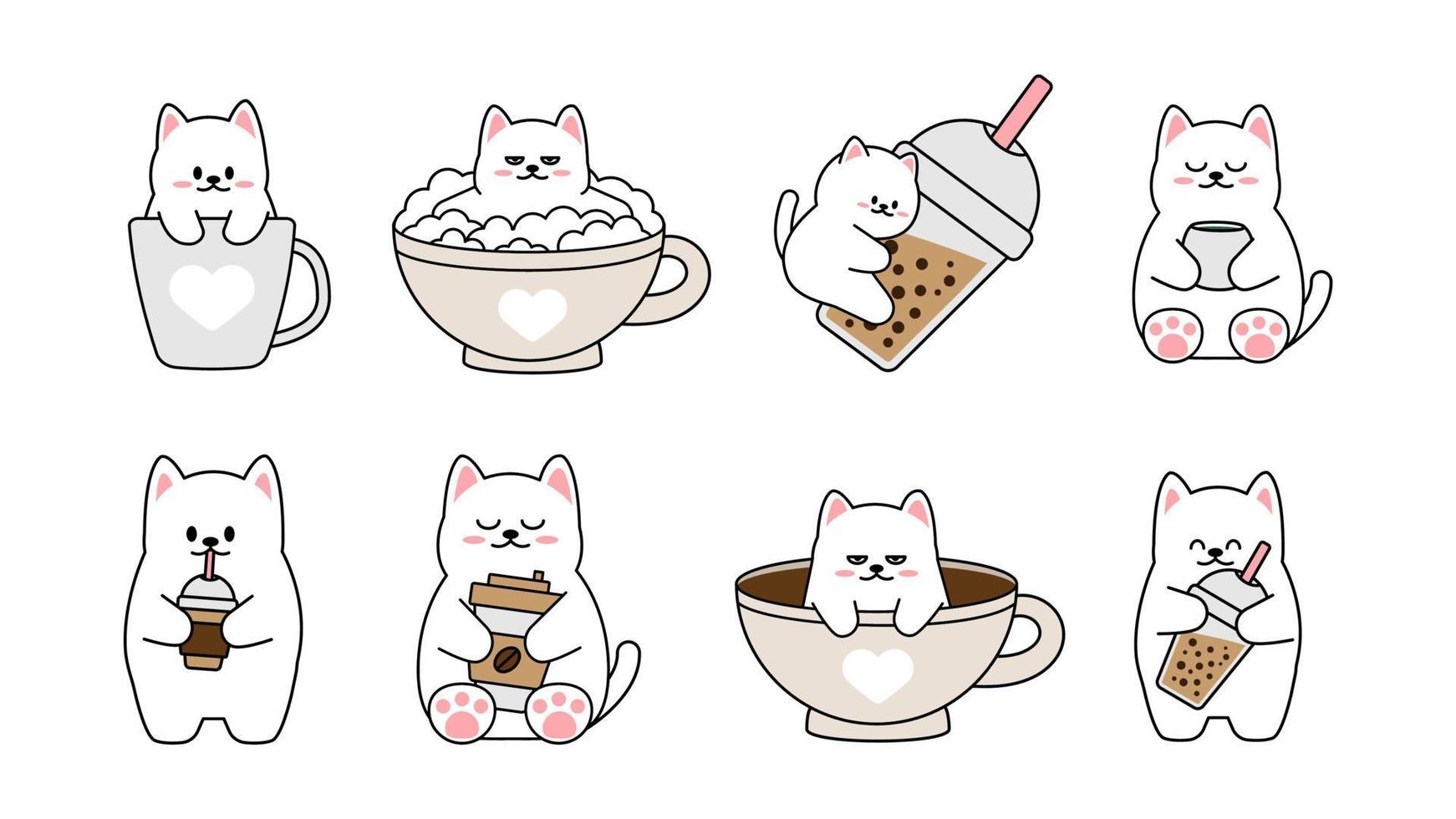 colección de diferentes gatitos lindos sobre un fondo blanco. Conjunto kawaii de diseño de personajes de animales divertidos en estilo de dibujos animados. gato mascota. pegatinas de bebé. ilustración vectorial. vector