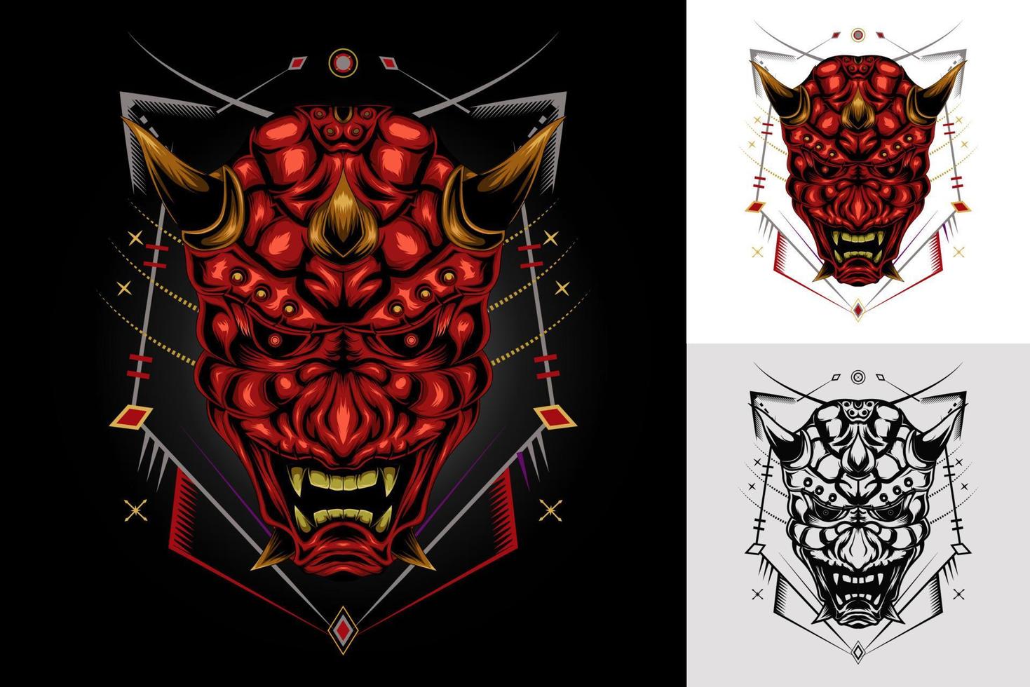 Red devil face illustration. vector head of red demon. Japanese demon mask.