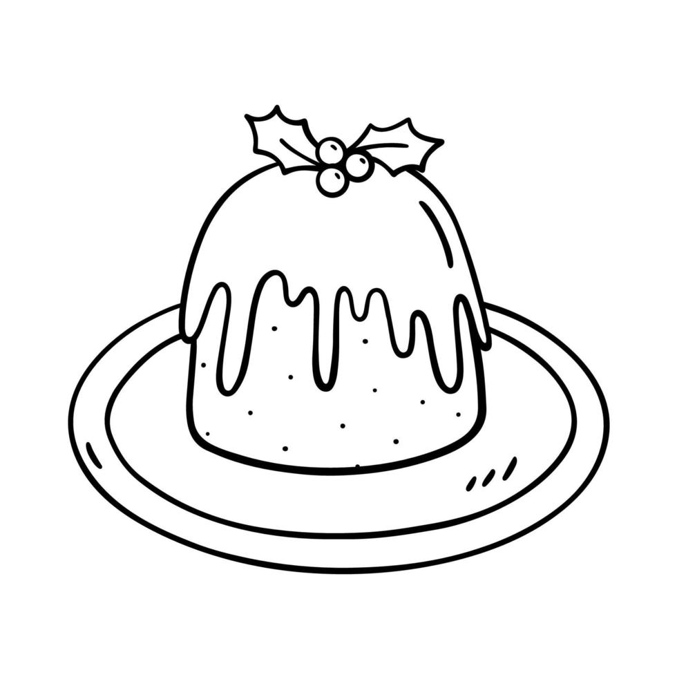 pudín de Navidad tradicional con bayas de acebo en un plato aislado sobre fondo blanco.Ilustración de vector dibujado a mano en estilo doodle. perfecto para diseños navideños, tarjetas, decoraciones, logo, menú.
