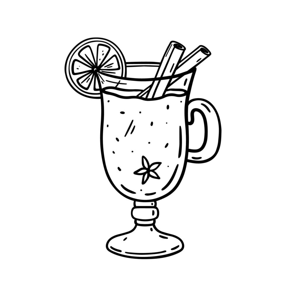 vino caliente con rodaja de naranja y ramitas de canela aisladas sobre fondo blanco. ilustración vectorial dibujada a mano en estilo doodle perfecto para diseños navideños y navideños, tarjetas, decoraciones, logotipo, menú vector