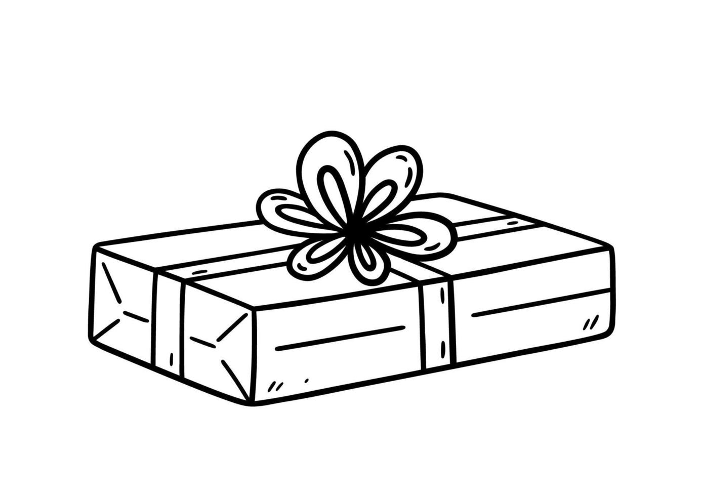 Gift box with festive ribbon and bow isolated on white background. Vector hand-drawn illustration in doodle style. Perfect for holiday and Christmas designs, cards, decorations, logo.