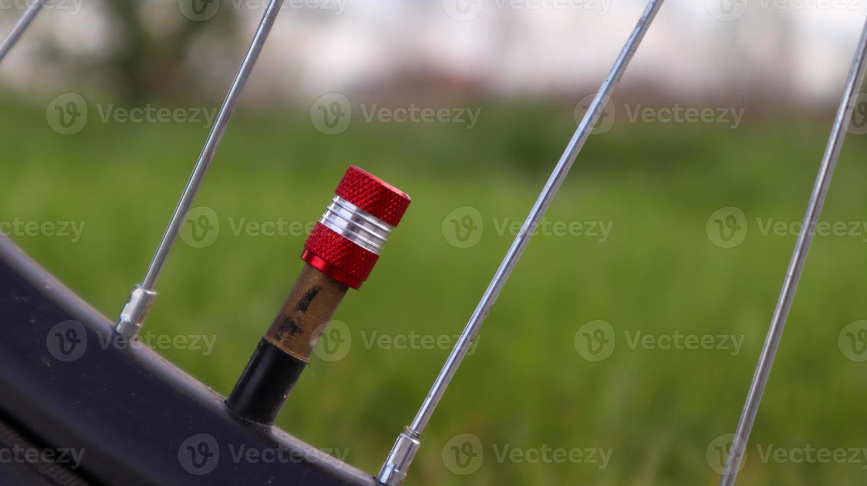 Bicycle red nipple. Detail of a used bicycle rim with valve stem and cover. Mountain bike tire. Bicycle wheel valve. photo