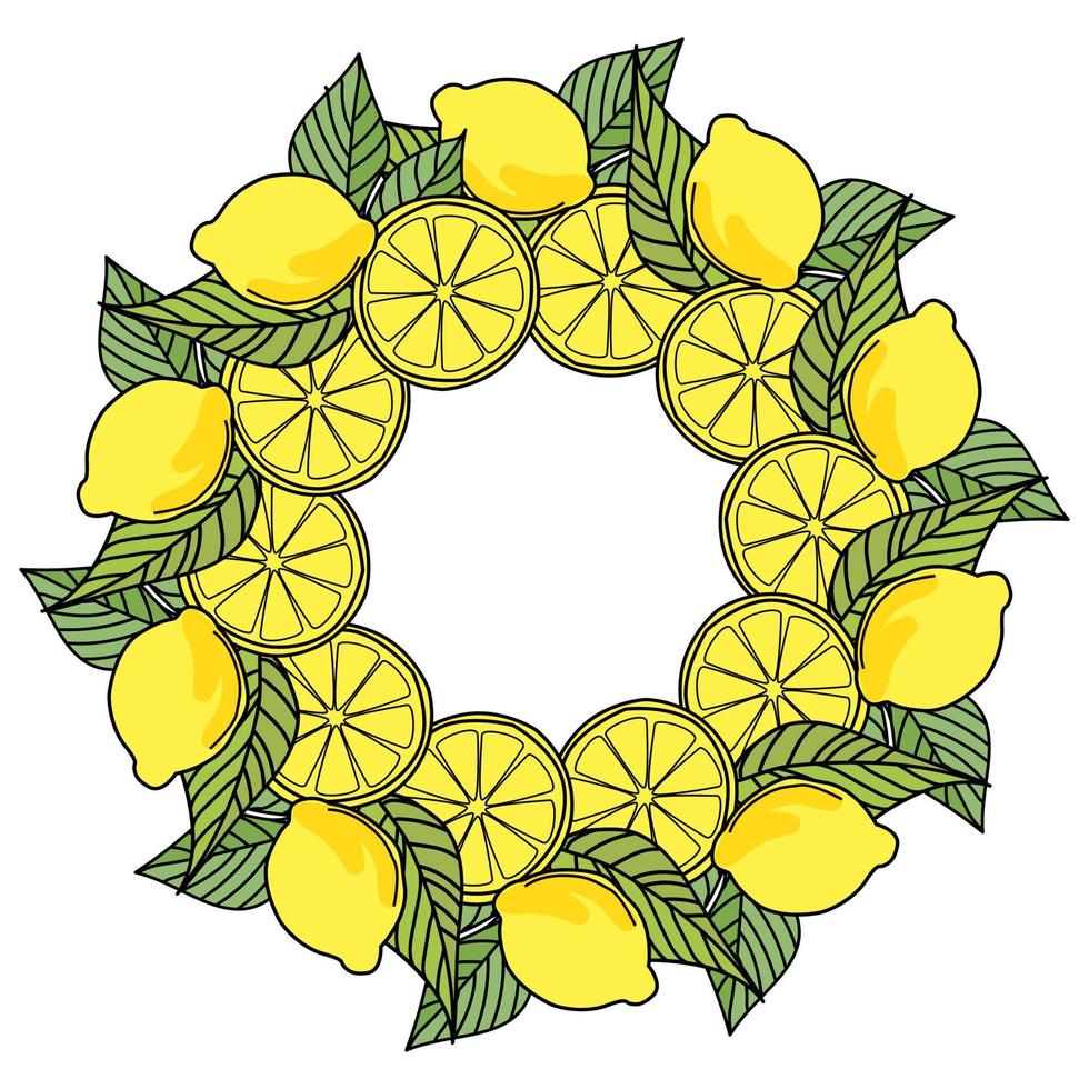 Corona decorativa de rodajas de limones y frutas enteras con hojas, hojas verdes y cítricos amarillos en un mandala redondo. vector