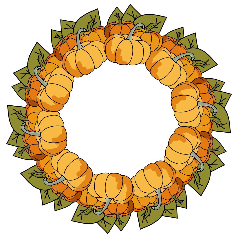 A wreath of a symmetrically arranged set of orange-colored pumpkins and bunches of green leaves, a mandala of vegetables vector