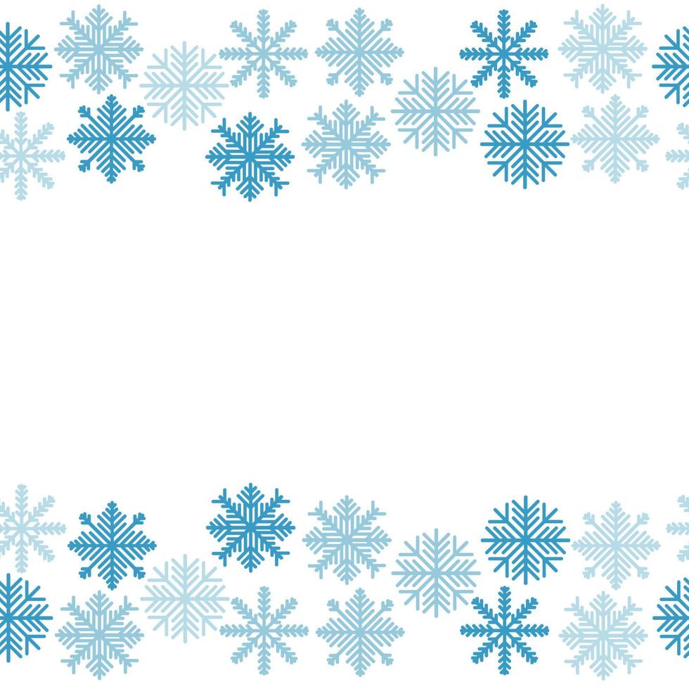 Horizontal borders of gentle blue snowflakes of various shapes, abstract frosty motifs for winter design vector