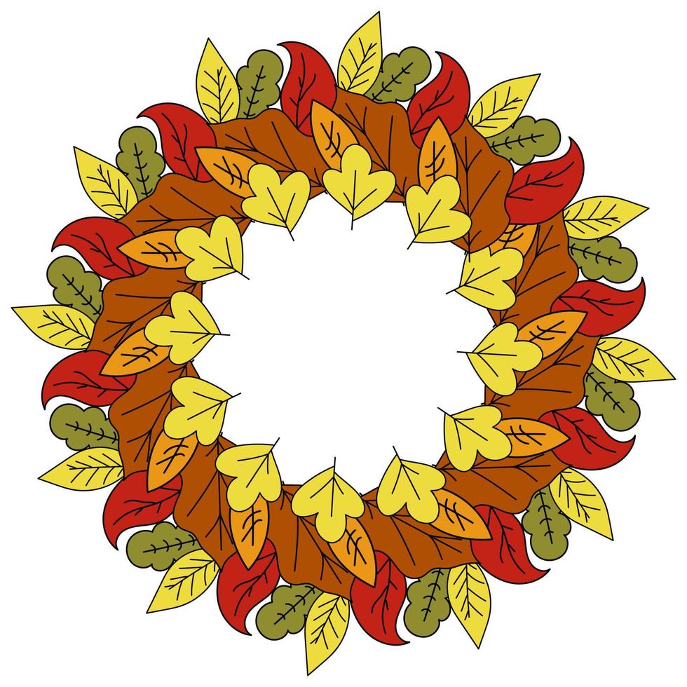 Corona de hojas de doodle de otoño con árboles de varios tipos, marco redondo de hojas coloridas vector