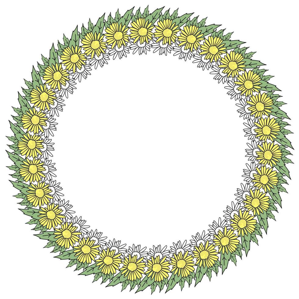una corona de flores amarillas simples con pequeños pétalos y racimos de hojas verdes, un marco redondo de flores de contorno vector
