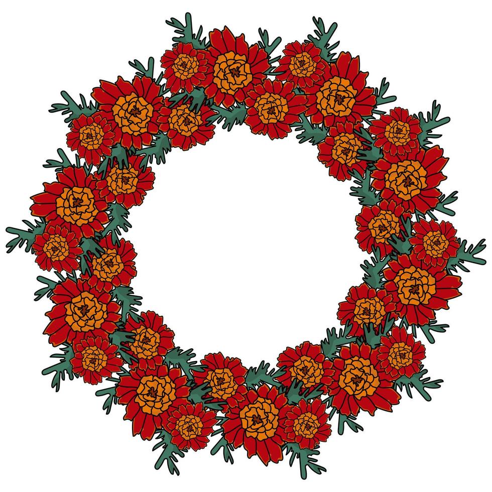 A wreath of marigolds, bright autumn red-orange flowers in the form of a round frame, memorable flowers for the holiday vector