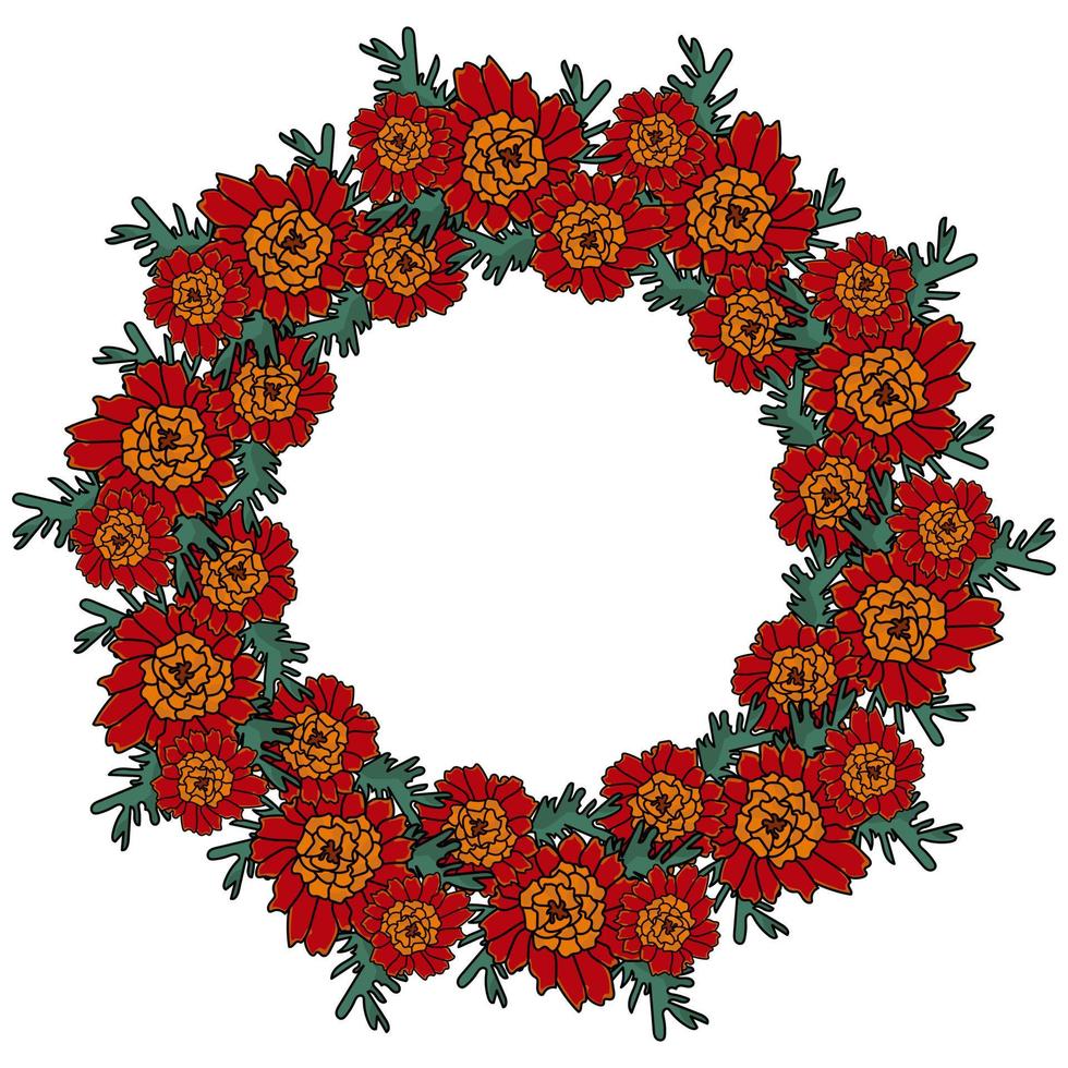 una corona de caléndulas, brillantes flores otoñales de color rojo anaranjado en forma de marco redondo, flores memorables para las vacaciones vector