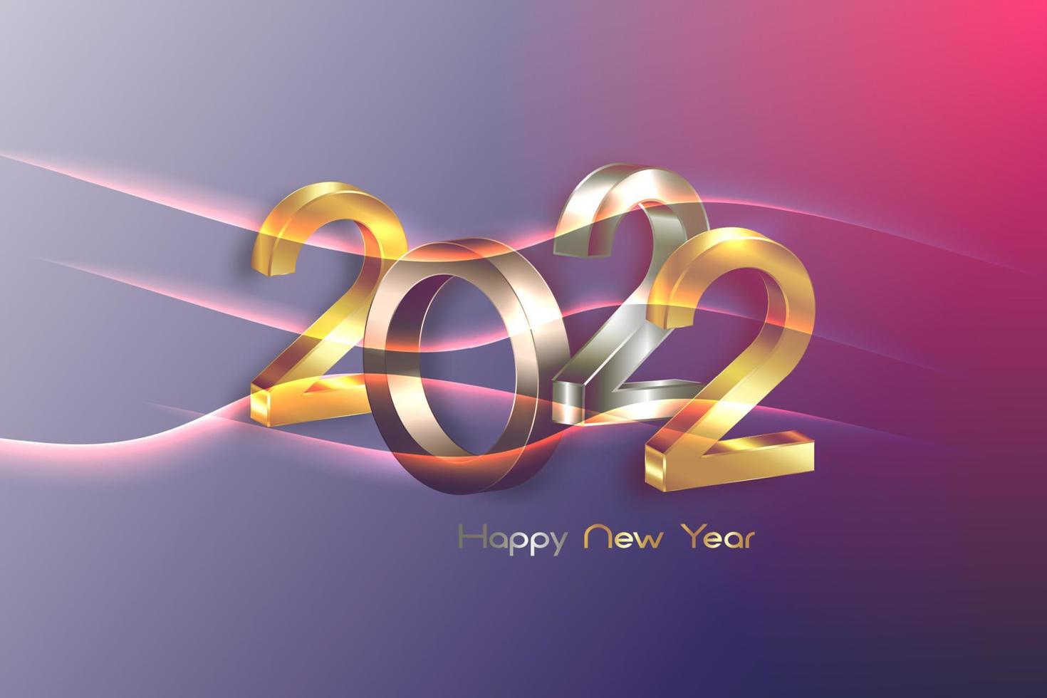 2022 golden, bronze and silver bold letters. New Year 3D logo for Holiday greeting card. Vector illustration isolated on wavy bright gradient colorful background, eve fashion purple luxury template