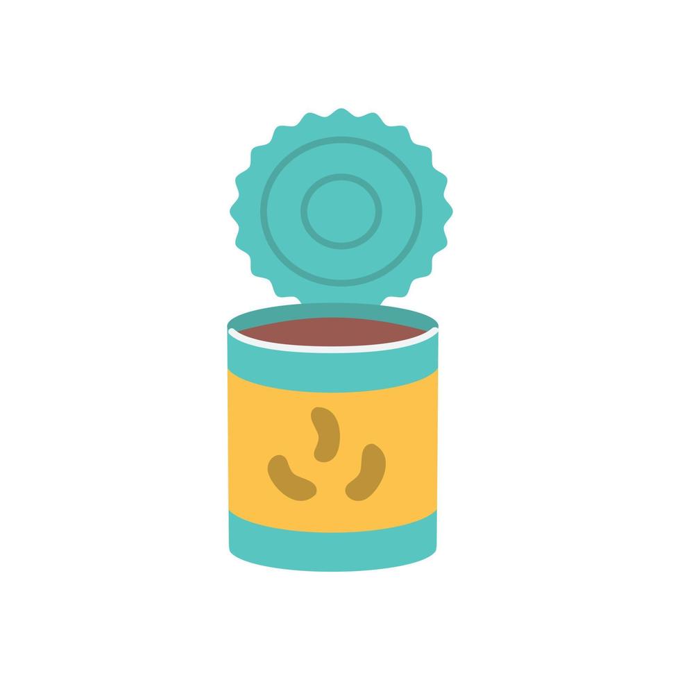 Tin can with beans, food for camping conditions, vector illustration in flat style