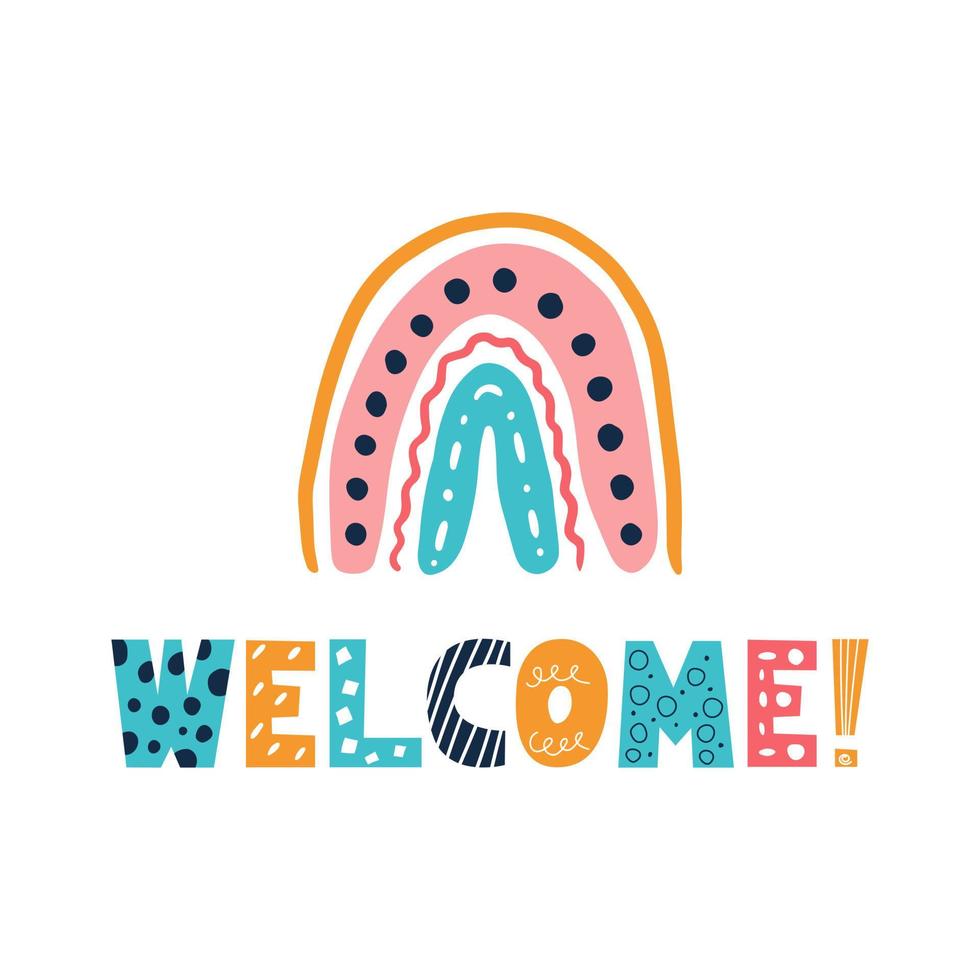 Rainbow with the inscription Welcome, vector illustration in doodle style