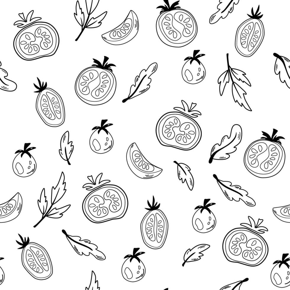 tomates contorno de patrones sin fisuras. agricultura, alimentación natural, ganadería. boceto de estilo de tinta de contorno. textura vectorial para la envoltura de prendas de vestir de papel tapiz textil de tela. vector