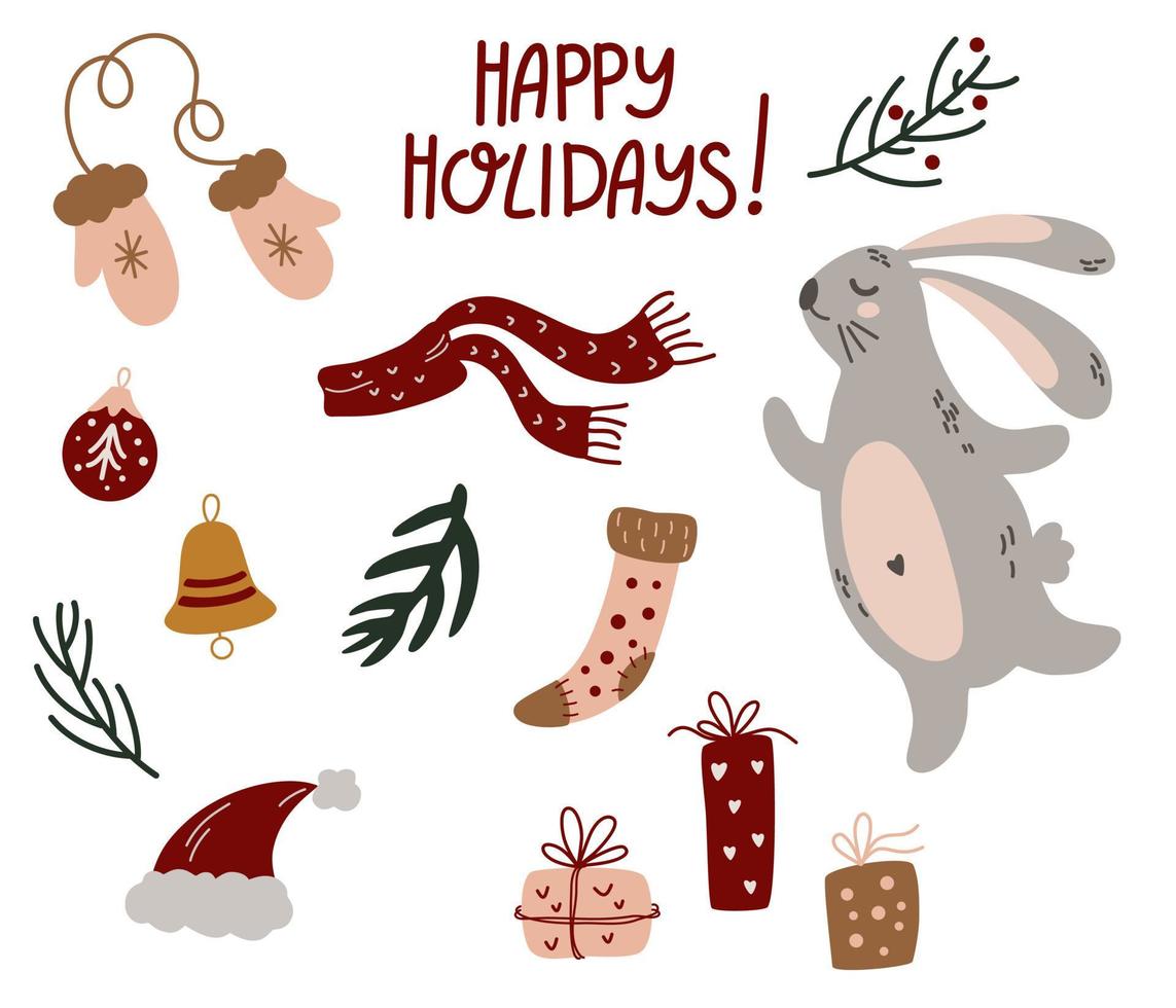 Set of winter elements. Bunny, Mittens, Sock, Scarf, Hat, Christmas Tree Toys, Twigs and Gifts. Happy Holidays. Cozy winter. Hand draw Vector Illustration.