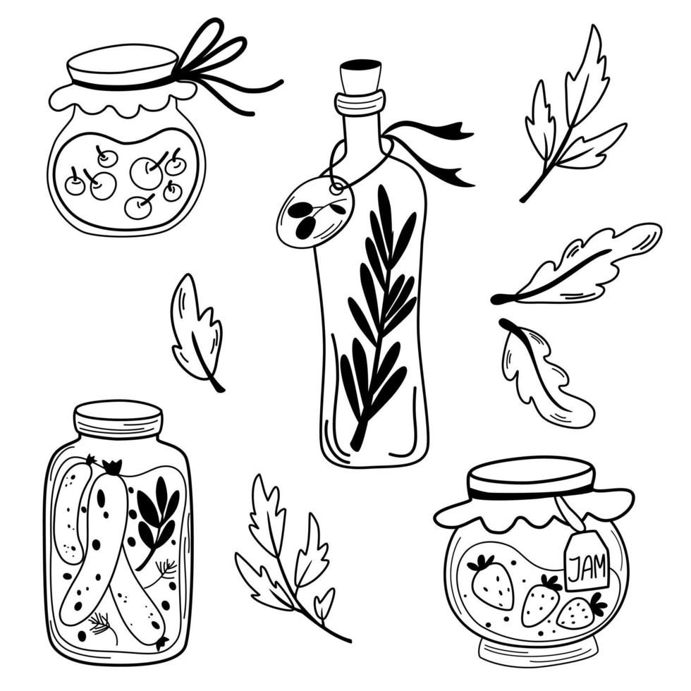 Homemade jars of preserving the fruit and vegetables. Outline ink style sketch.  Set of glass jars with preserved vegetables, olive oil and berry jams. Berry compote or marmalade, jam. Vector