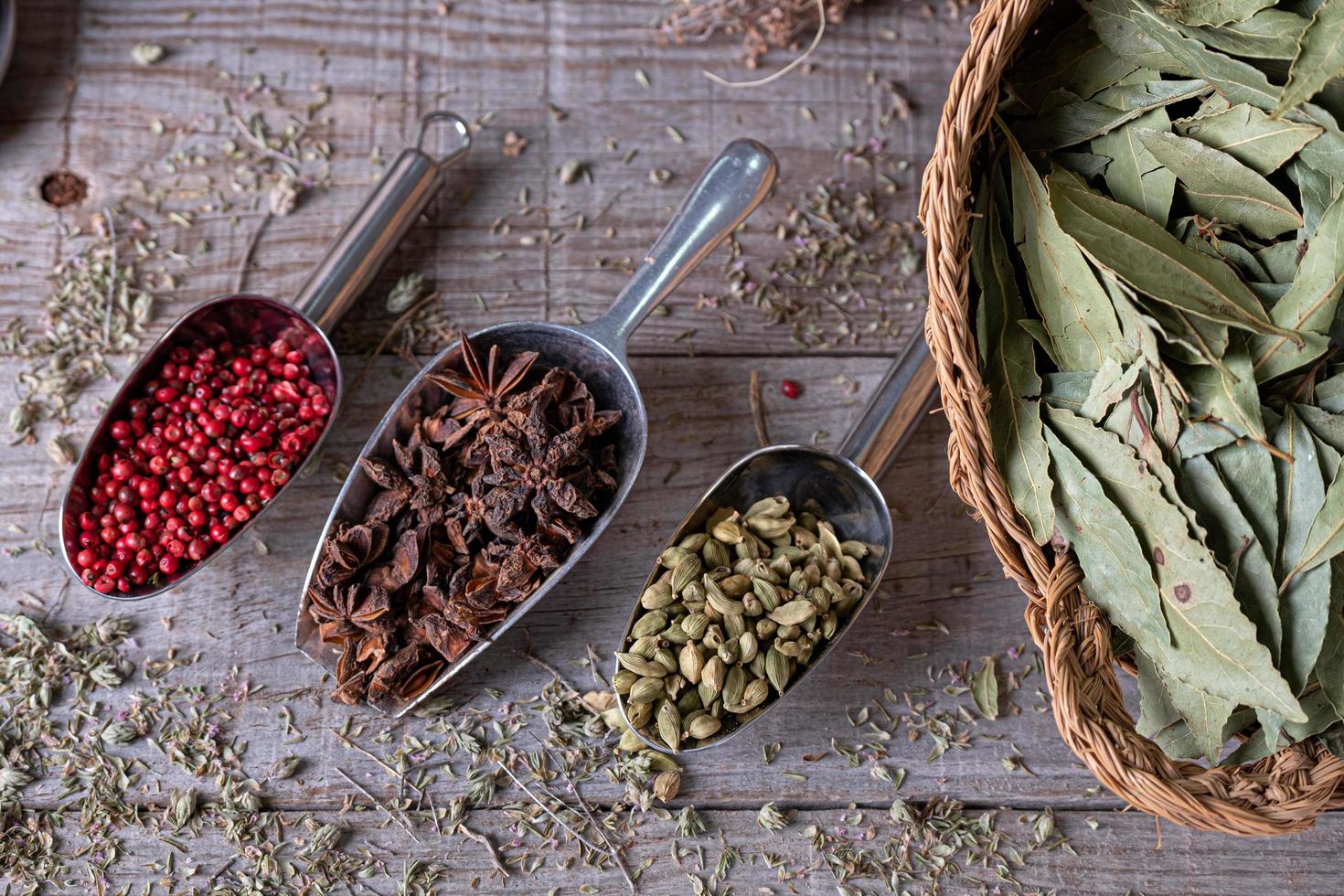 different spices of exotic colors seen from above on wooden board photo