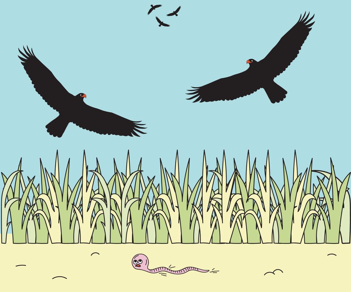 children's color illustration where a worm crawls away in horror from flying eagles vector