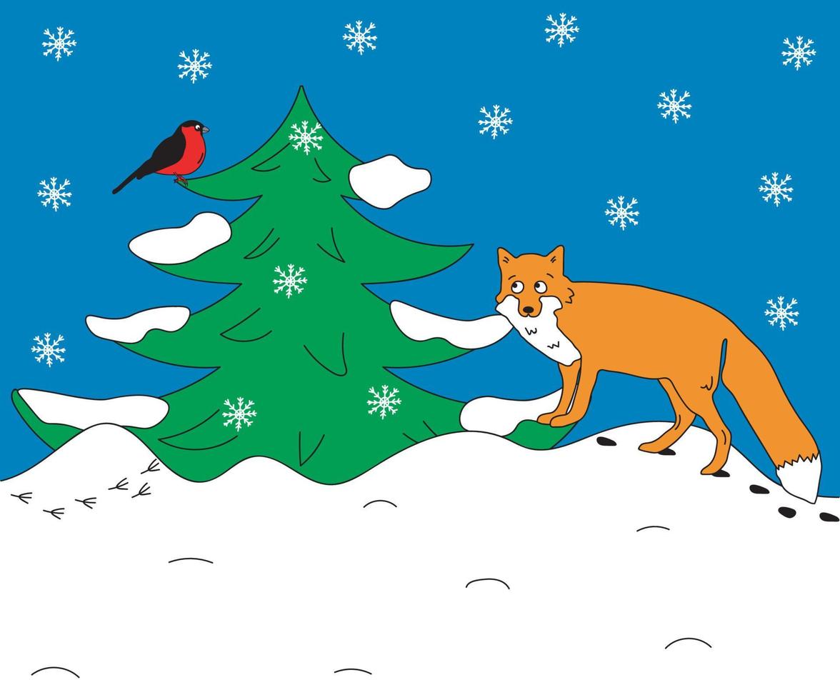 children's doodle winter illustration where the fox and bullfinch in the winter snow forest vector