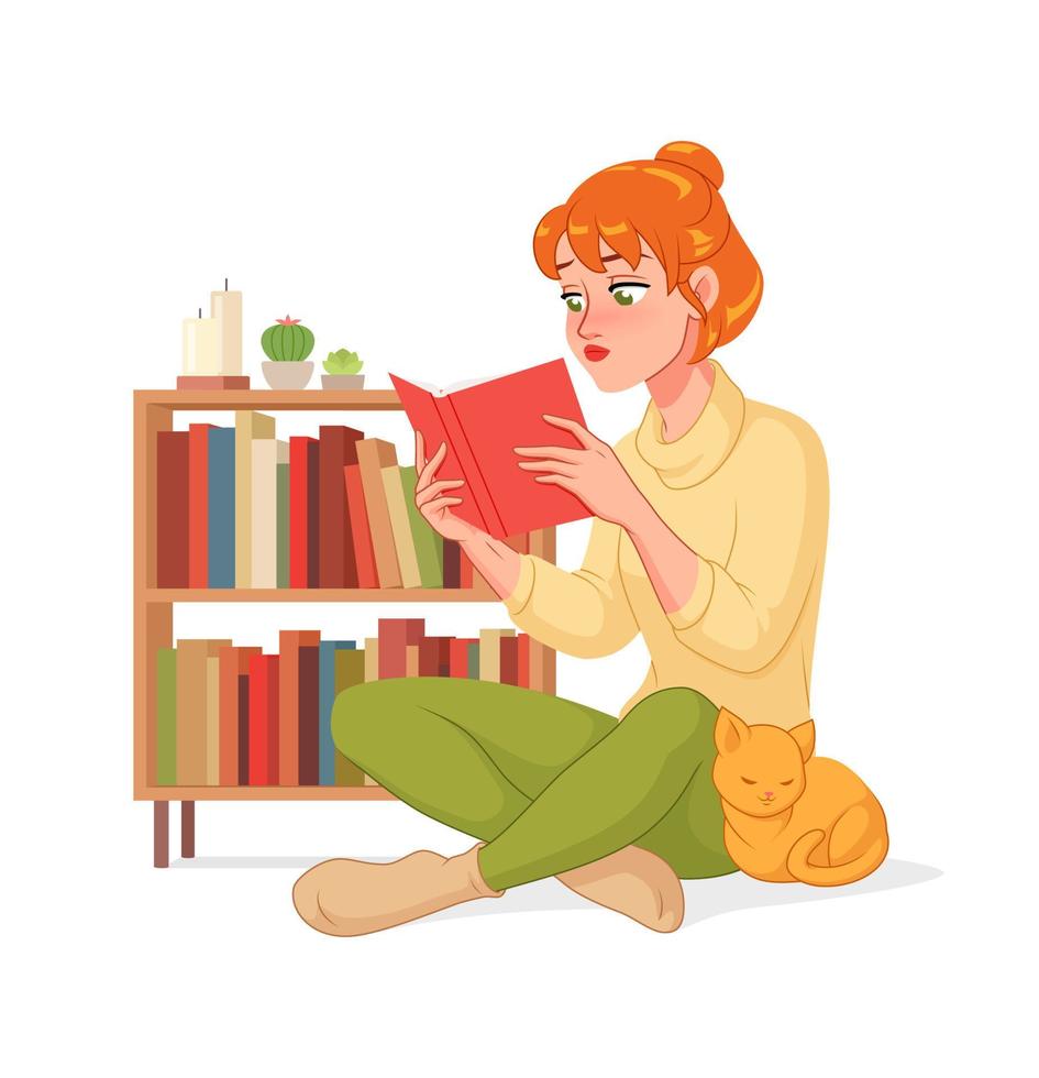 mujer joven leyendo un libro interesante en casa ilustración vectorial de dibujos animados aislado sobre fondo blanco vector