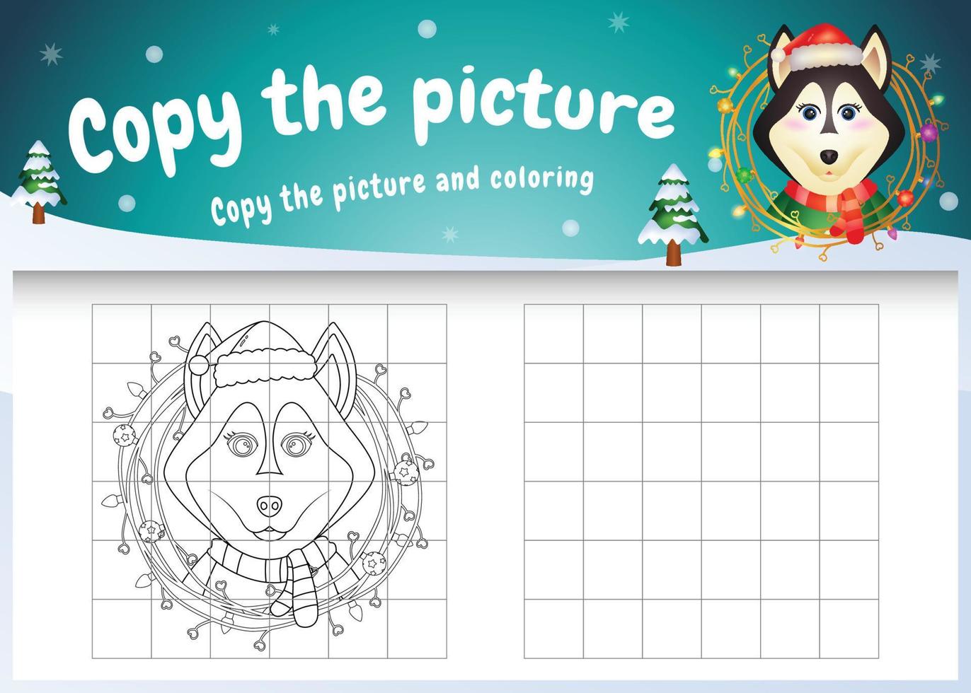 Copy the picture kids game and coloring page with a cute husky dog vector