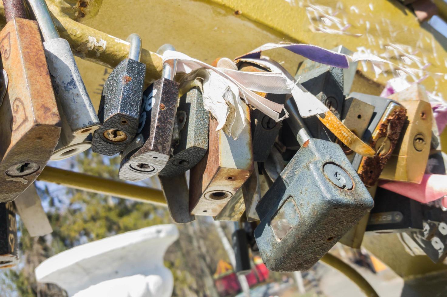 many locks hang on the railing photo