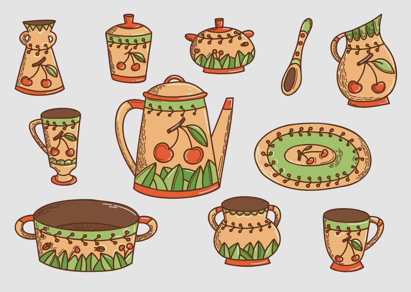 utensilios de cocina de cerámica dibujados a mano vector doodle set