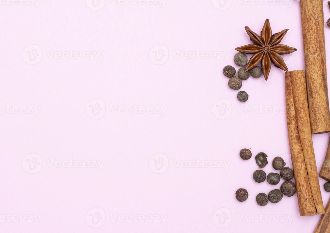 Fondo de cocción, anís estrellado con rollos de canela y pimientos dulces foto