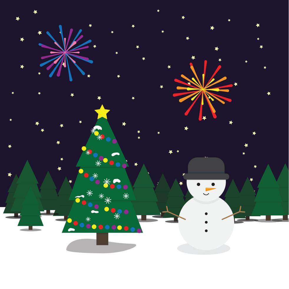 New year and Christmas eve scene or landscape. With forest in the background, a snowman and a decorated Christmas fir tree. The night sky is full of stars and fireworks. Bright, vibrant and positive. vector