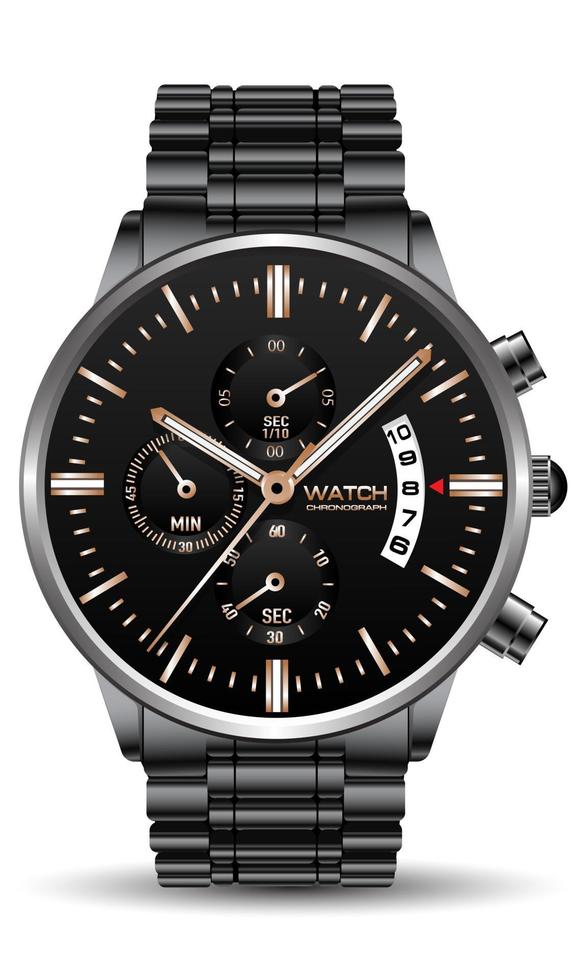 reloj realista reloj gris acero inoxidable negro oro cara lujo para hombres sobre fondo blanco vector