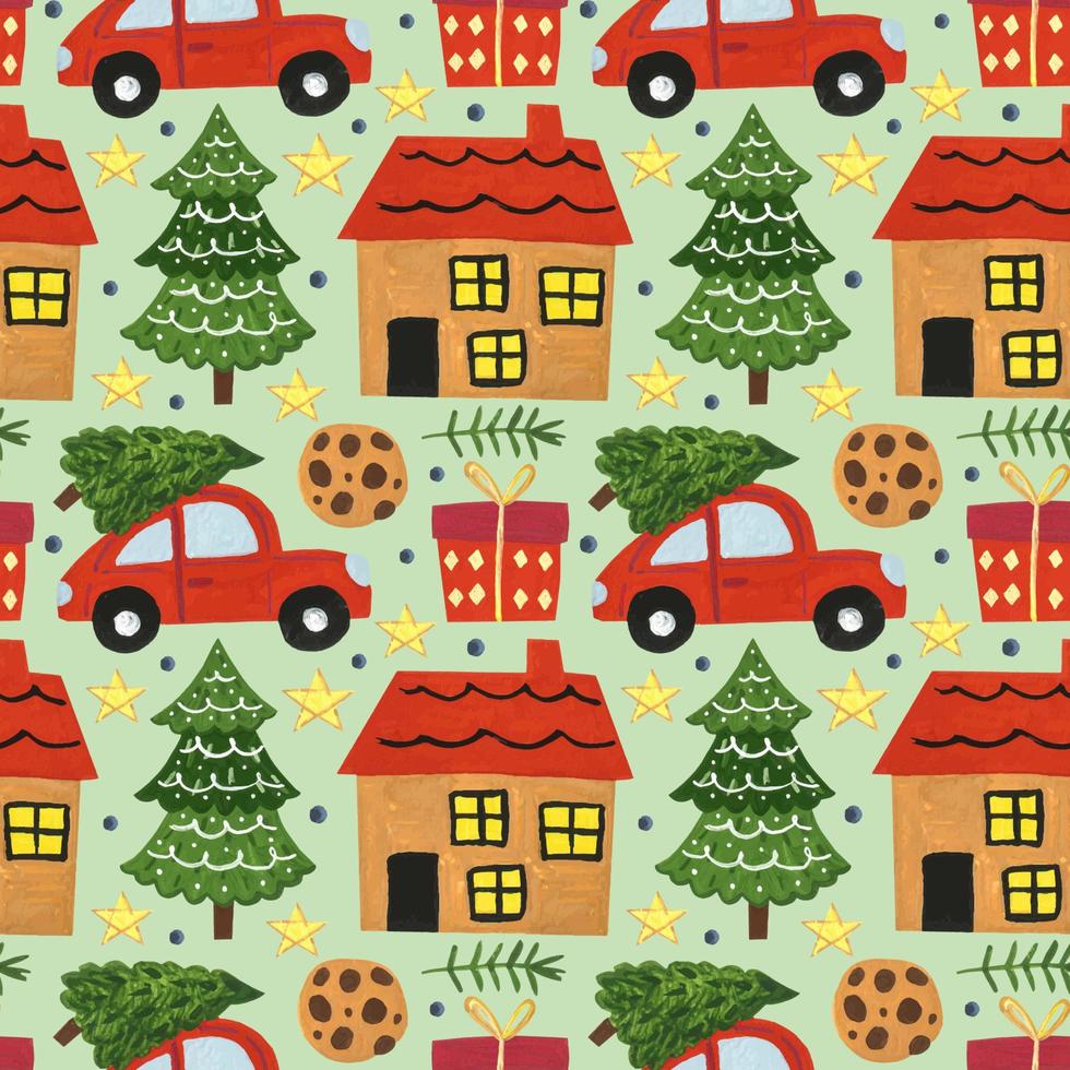 Winter holiday hand drawn seamless pattern background Merry Christmas and Happy New Year house car christmas tree decor star gift box wrapping paper packaging design vector