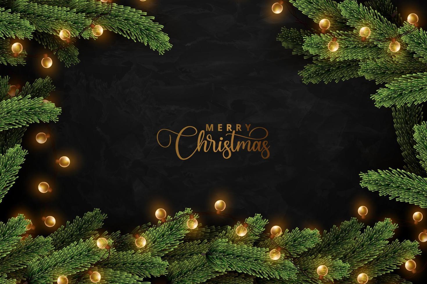Shiny christmas lights wrapped in realistic pine tree leaves on dark black grunge background. Merry christmas concept design. vector