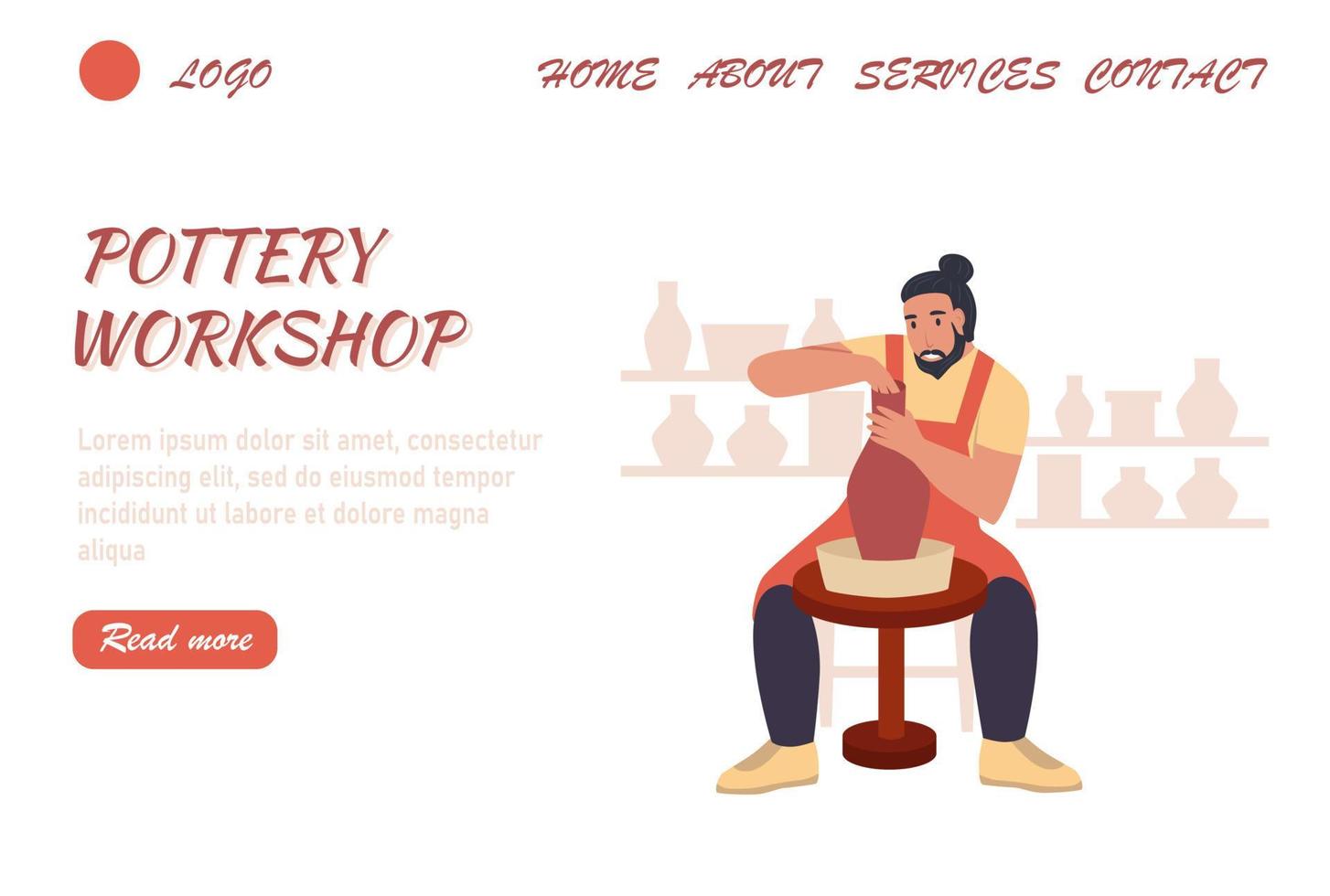 Pottery workshop landing page vector template. A young man makes a jug on a potter's wheel. Flat vector illustration
