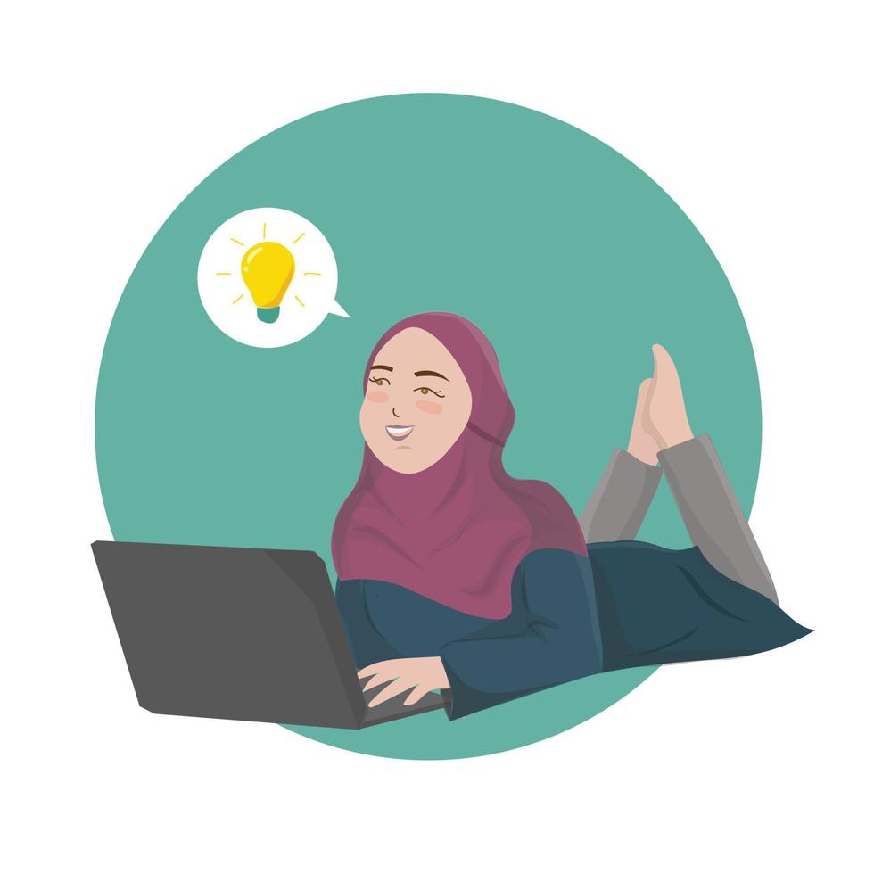 moslem woman using laptop finds idea vector