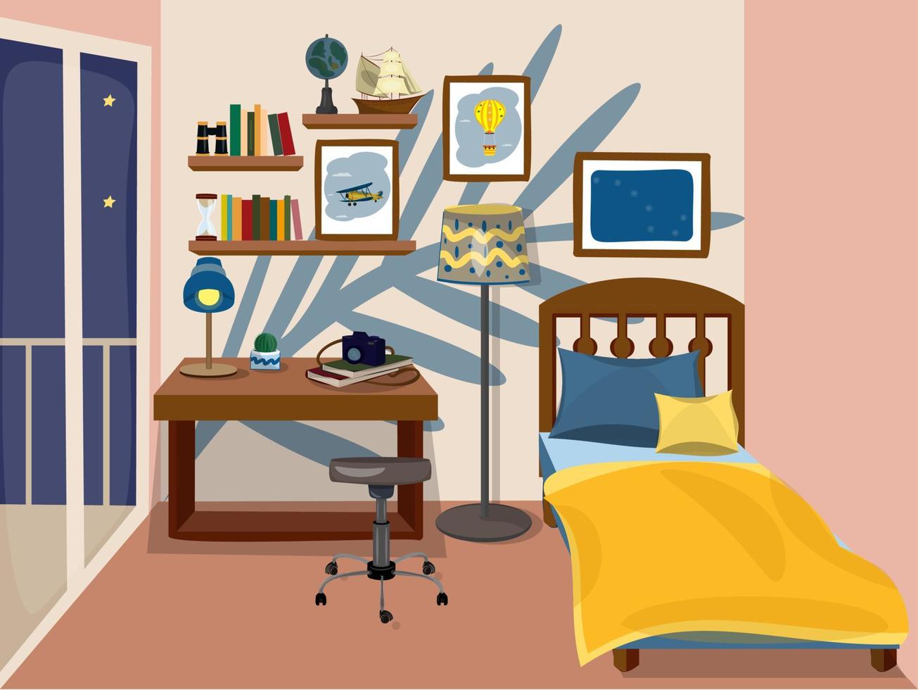 dormitorio de adolescente con cama y lugar de trabajo. habitación del aventurero. estanterías, lámpara de pie, maqueta de barco, cámara, globo y cactus. ilustración vectorial en estilo de dibujos animados vector