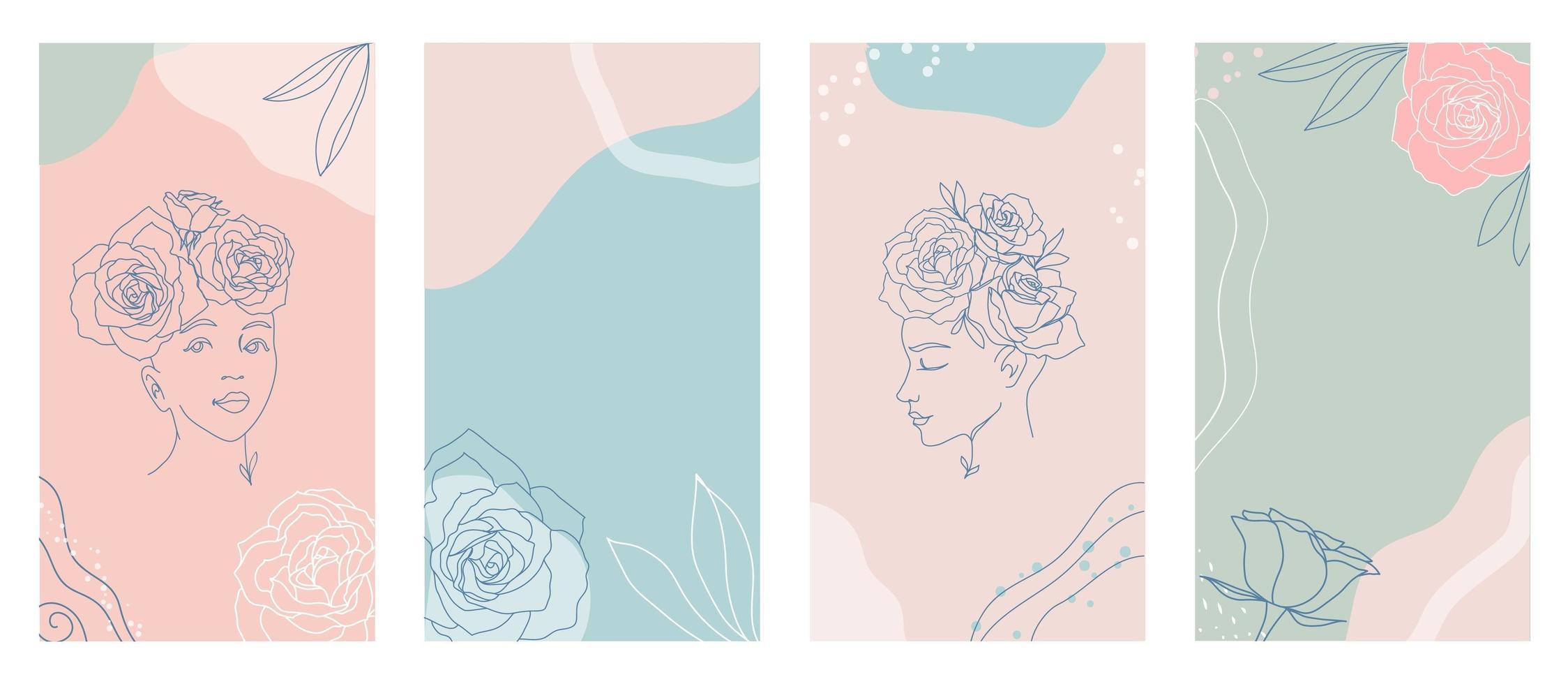 rostros de mujeres de arte de línea con rosas. Plantillas de portada de redes sociales para publicaciones, historias o pancartas vectoriales. concepto de belleza. vector