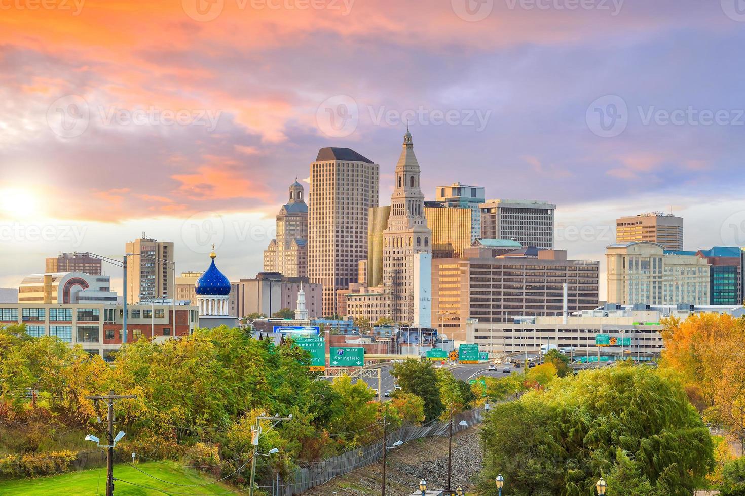 Skyline of downtown Hartford, Connecticut from above Charter Oak Landing at sunset photo