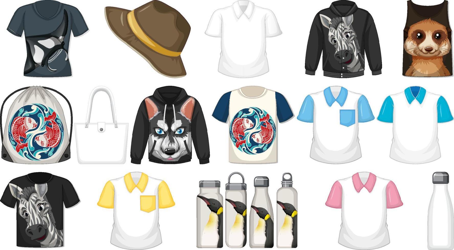 conjunto de diferentes camisetas y accesorios con estampados de animales. vector