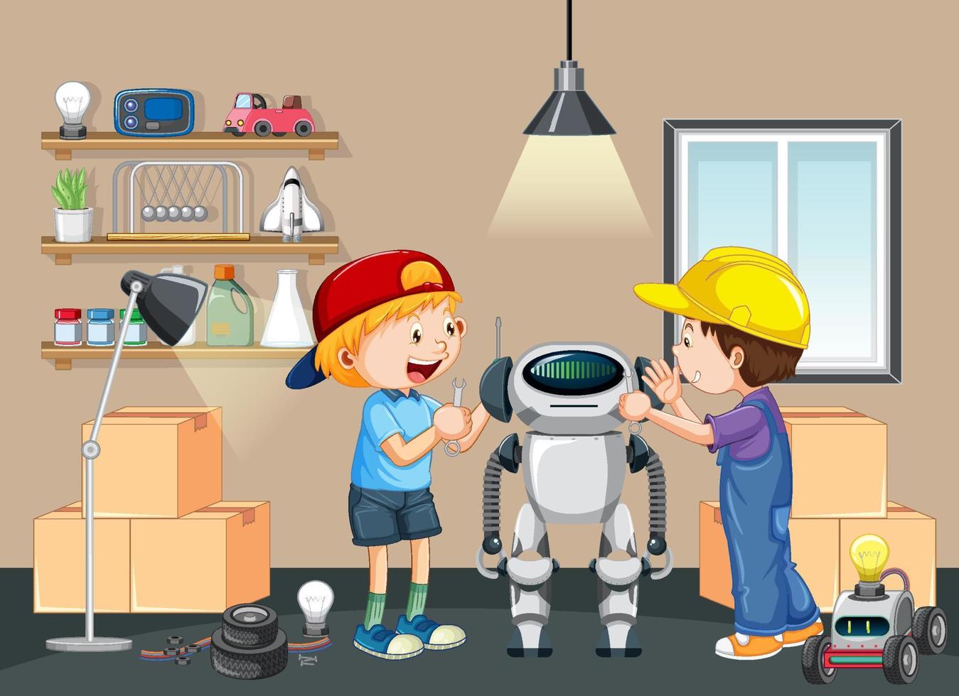 niños arreglando un robot juntos en la escena de la habitación vector