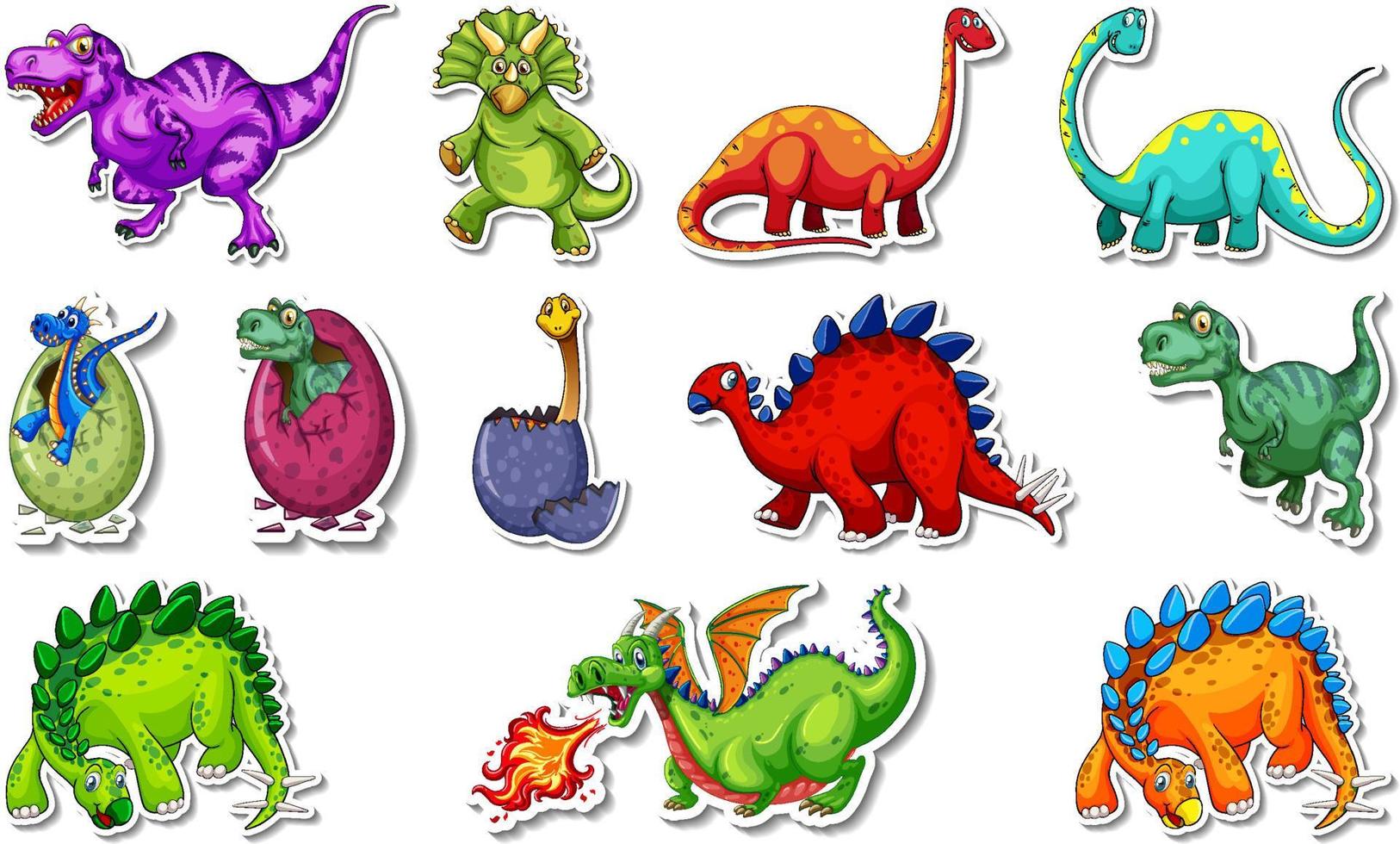 Sticker set with different types of dinosaurs cartoon characters vector